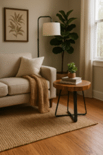 Milan Side Table. Teak wood furniture. Asymmetric top table. Renewable teak. Black cross base. Boho accent furniture. Rustic wood side table. Contemporary wooden design. Handcrafted teak table. Natural home décor.