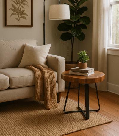 Milan Side Table. Teak wood furniture. Asymmetric top table. Renewable teak. Black cross base. Boho accent furniture. Rustic wood side table. Contemporary wooden design. Handcrafted teak table. Natural home décor.