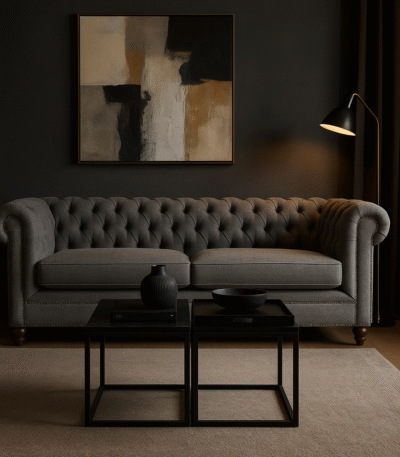 Nala 3 Seater Linen Sofa. Grey linen sofa. Button-tufted sofa. Scrolled arm sofa. Classic linen couch. Modern living room furniture. Elegant three-seater. Nailhead trim sofa. Comfortable padded sofa. Transitional design.