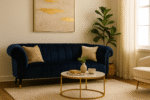 Nova 2 Seater Velvet Sofa. Blue velvet sofa. Tan velvet sofa. Two-seater couch. Channel tufted sofa. Gold-tipped legs. Scrolled armrests. Modern luxury furniture. Elegant velvet seating. Contemporary living room design.