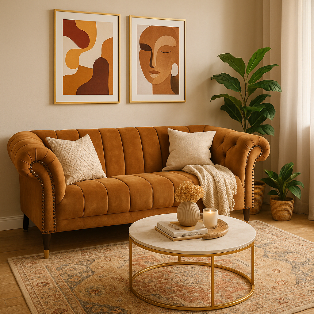 Nova 2 Seater Tan Velvet Sofa Nova 2 Seater Velvet Sofa. Blue velvet sofa. Tan velvet sofa. Two-seater couch. Channel tufted sofa. Gold-tipped legs. Scrolled armrests. Modern luxury furniture. Elegant velvet seating. Contemporary living room design.