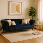 Nova 3 Seater Velvet Sofa. Blue velvet sofa. Tan velvet sofa. Channel tufted couch. Gold-tipped legs. Scrolled armrests. Modern luxury furniture. Three-seater velvet sofa. Elegant living room seating. Contemporary velvet design.