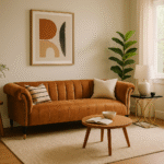 Nova 3 Seater Velvet Sofa. Blue velvet sofa. Tan velvet sofa. Channel tufted couch. Gold-tipped legs. Scrolled armrests. Modern luxury furniture. Three-seater velvet sofa. Elegant living room seating. Contemporary velvet design.