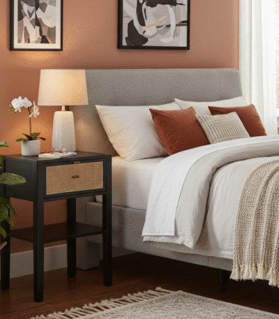 Rocco Bedside Table. Rattan bedside table. Black bedside table. Nordic nightstand. Modern rattan furniture. Sustainable bedside table. One drawer nightstand. Textured drawer table. Contemporary bedroom furniture. Minimalist nightstand. Organic modern design.