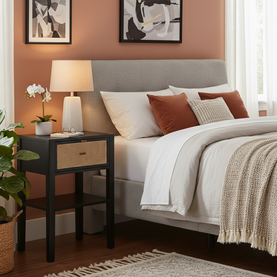 Rocco Bedside Table Rocco Bedside Table. Rattan bedside table. Black bedside table. Nordic nightstand. Modern rattan furniture. Sustainable bedside table. One drawer nightstand. Textured drawer table. Contemporary bedroom furniture. Minimalist nightstand. Organic modern design.