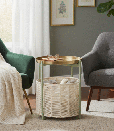 Safia 2 Tier Side Table. Green and Gold Side Table. Luxury Accent Table. Modern End Table. Two Tier Storage Table. Decorative Side Table. Metal and Cotton Table. Elegant Home Accessory. Luxe Living Room Furniture. Contemporary Bedroom Table. Dual Shelf Accent Table. Stylish Storage Solution. Compact Furniture Design. Chic Metallic Table.