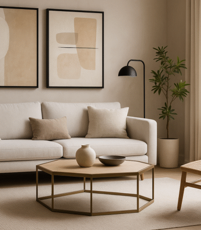 Sana Hexagonal Coffee Table. Oak veneer coffee table. Brushed brass frame. Hexagonal table. Modern coffee table. Minimalist furniture. Contemporary living room table. Scandinavian décor. Boutique coffee table. Wood and metal furniture.