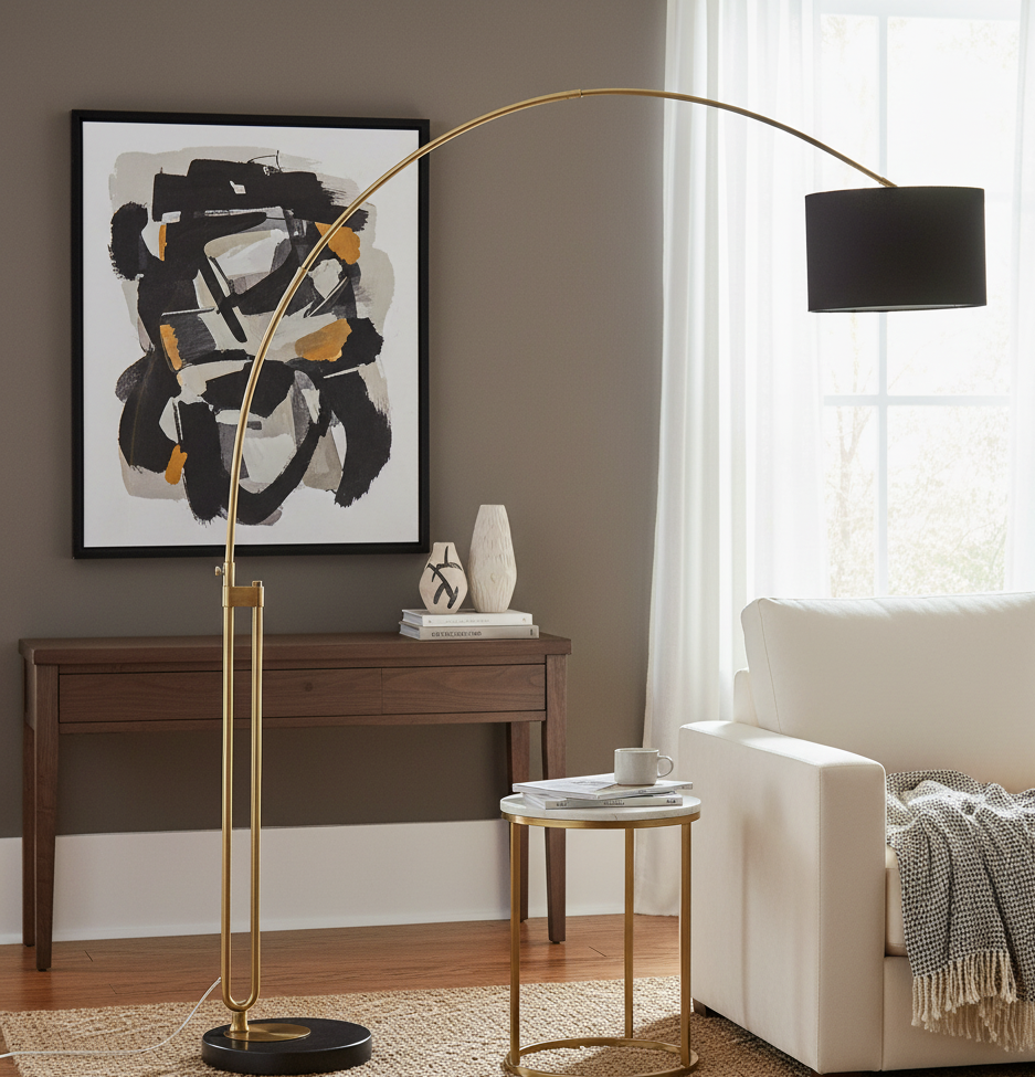 Syra Floor Lamp Syra Floor Lamp. Arched Brass Floor Lamp. Black Marble Base Lamp. Black Fabric Shade Lamp. Contemporary Floor Lamp. Modern Home Lighting. Reading Floor Lamp. Ambient Lighting Feature. Boutique Style Lamp. Luxury Floor Lamp. Statement Lighting. Living Room Floor Lamp. Bedroom Floor Lamp. Elegant Home Lighting. Antique Brass Finish Lamp.