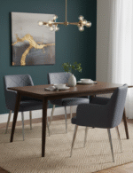 Thalia Dining Chair. Faux leather dining chair. Gold leg chair. Quilted back chair. Dark grey chair. Modern dining furniture. Mid-century modern style. Contemporary seating. Padded armchair. Elegant dining chair. Chrome finish legs. Stylish home décor.