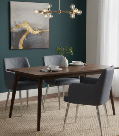 Thalia Dining Chair. Faux leather dining chair. Gold leg chair. Quilted back chair. Dark grey chair. Modern dining furniture. Mid-century modern style. Contemporary seating. Padded armchair. Elegant dining chair. Chrome finish legs. Stylish home décor.