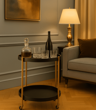 Corina 2 Tier Tray Table. Shagreen tray table. Two-tier drinks trolley. Gold finish frame. Black shagreen shelves. Modern bar cart. Luxury serving table. Contemporary accent furniture. Mobile side table. Boutique home décor.