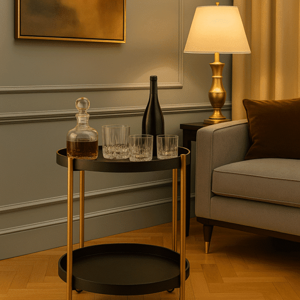 Corina 2 Tier Tray Table. Shagreen tray table. Two-tier drinks trolley. Gold finish frame. Black shagreen shelves. Modern bar cart. Luxury serving table. Contemporary accent furniture. Mobile side table. Boutique home décor.