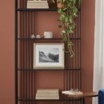 Trent 5 Tier Shelf Unit. Black iron shelf. Glass shelf unit. Modern shelving. Industrial shelving. Tall bookcase. 5 tier shelf. Clear glass shelves. Minimalist storage. Modern furniture. Industrial furniture. Home office shelves. Hallway shelf unit. Living room shelving. Contemporary bookcase.