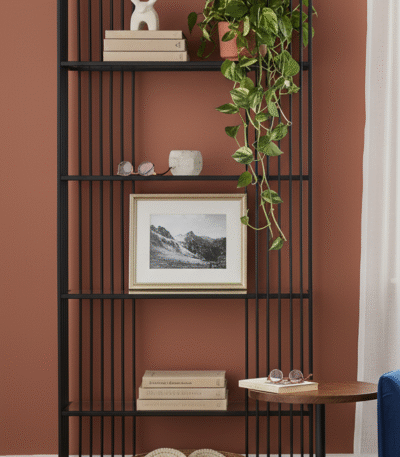 Trent 5 Tier Shelf Unit. Black iron shelf. Glass shelf unit. Modern shelving. Industrial shelving. Tall bookcase. 5 tier shelf. Clear glass shelves. Minimalist storage. Modern furniture. Industrial furniture. Home office shelves. Hallway shelf unit. Living room shelving. Contemporary bookcase.