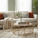 Trent Coffee Table. Rattan coffee table. Handwoven rattan top. Gold metal frame table. Round coffee table. Minimalist living room furniture. Boho coffee table. Coastal style furniture. Mid-century modern table. Sturdy metal frame. Artisanal furniture. Rustic modern décor.