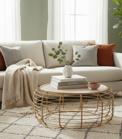 Trent Coffee Table. Rattan coffee table. Handwoven rattan top. Gold metal frame table. Round coffee table. Minimalist living room furniture. Boho coffee table. Coastal style furniture. Mid-century modern table. Sturdy metal frame. Artisanal furniture. Rustic modern décor.