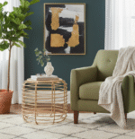 Trent Coffee Table. Rattan coffee table. Handwoven rattan top. Gold metal frame table. Round coffee table. Minimalist living room furniture. Boho coffee table. Coastal style furniture. Mid-century modern table. Sturdy metal frame. Artisanal furniture. Rustic modern décor.