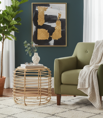 Trent Coffee Table. Rattan coffee table. Handwoven rattan top. Gold metal frame table. Round coffee table. Minimalist living room furniture. Boho coffee table. Coastal style furniture. Mid-century modern table. Sturdy metal frame. Artisanal furniture. Rustic modern décor.