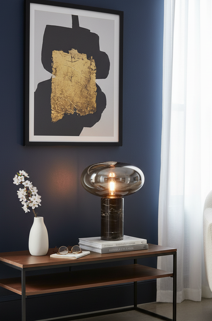 Vega Table Lamp Vega Table Lamp. Black Marble Table Lamp. Gold Cognac Glass Lamp. Cylindrical Marble Lamp. Modern Table Lamp. Luxury Home Lighting. Boutique Style Lamp. Ambient Lighting Feature. Contemporary Table Lamp. Minimalist Desk Lamp. Elegant Side Table Lamp. Statement Home Lighting. Designer Table Lamp. Stylish Living Room Lamp. Durable Accent Lamp.