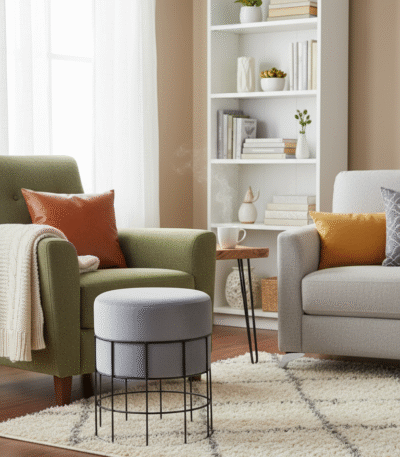 Vey Cage Frame Stool. Grey Velvet Stool. Black Metal Base. Grid Wireframe Stool. Industrial Side Stool. Modern Accent Stool. Contemporary Seating. Minimalist Stool. Living Room Stool. Bedroom Stool. Office Stool. Plush Velvet Stool. Sleek Industrial Furniture. Compact Seating Option. Decorative Stool. Modern Home Accessory. Urban Style Stool. Functional Accent Furniture. Designer Velvet Stool. Stylish Seating.