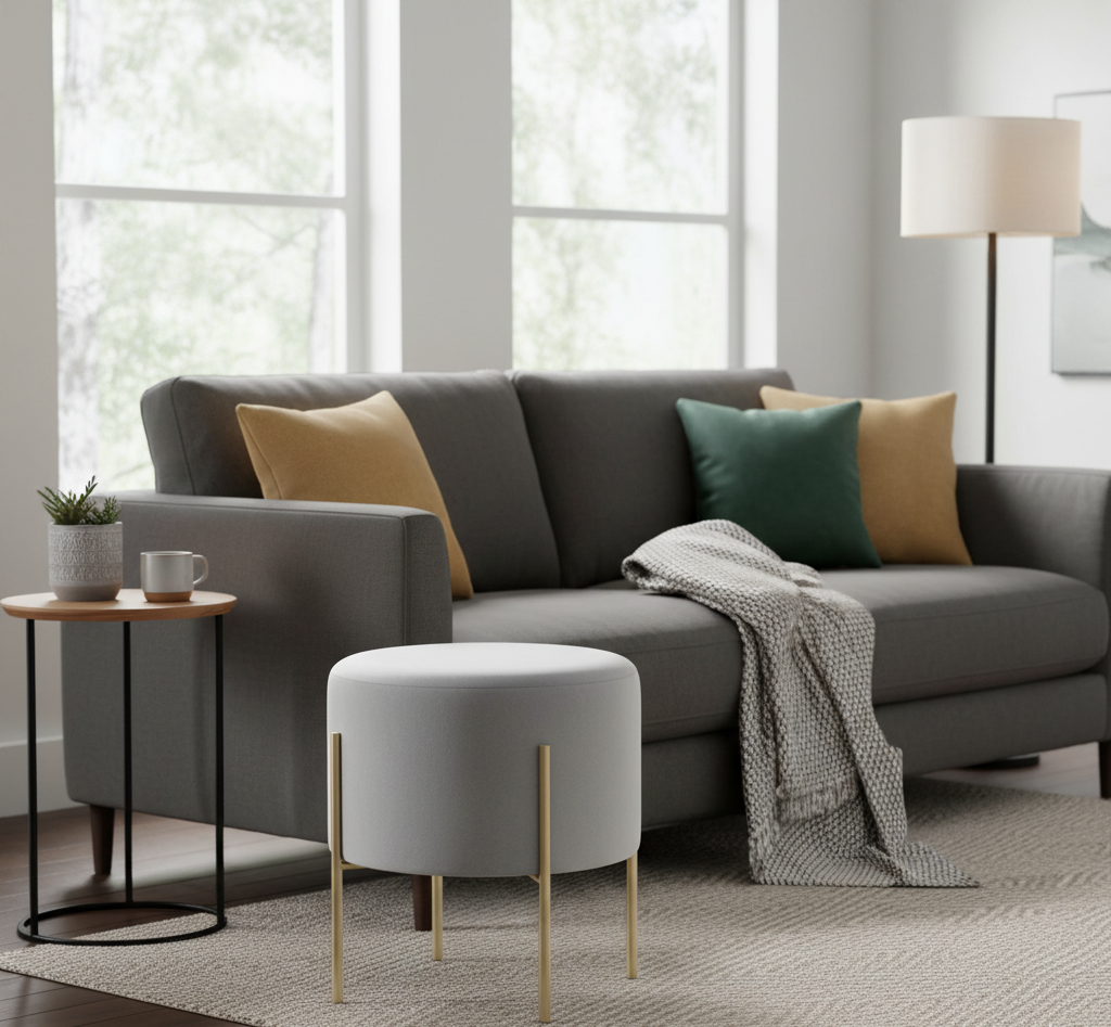 Vienna Round Grey Velvet Stool Vienna Round Velvet Stool. Round velvet stool. Velvet pouffe. Luxury accent stool. Modern footstool. Gold leg stool. Contemporary seating. Upholstered stool. Glam home furniture. Bedroom accent stool. Living room stool. Vanity stool. Compact seating. Round ottoman. Soft velvet furniture.