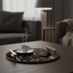 Wren Cowhide Tray. Luxury Decorative Tray. Black Cowhide Tray. Gold Fleck Tray. Metal Frame Tray. Gold Finish Handles. Modern Accent Tray. Tactile Home Accessory. Stylish Coffee Table Tray. Chic Home Décor. Luxe Living Room Accessory. Contemporary Decorative Tray. Designer Tray. Statement Home Décor. Elegant Display Tray.