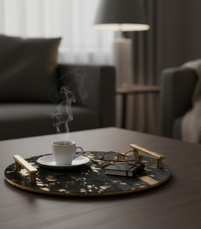 Wren Cowhide Tray. Luxury Decorative Tray. Black Cowhide Tray. Gold Fleck Tray. Metal Frame Tray. Gold Finish Handles. Modern Accent Tray. Tactile Home Accessory. Stylish Coffee Table Tray. Chic Home Décor. Luxe Living Room Accessory. Contemporary Decorative Tray. Designer Tray. Statement Home Décor. Elegant Display Tray.