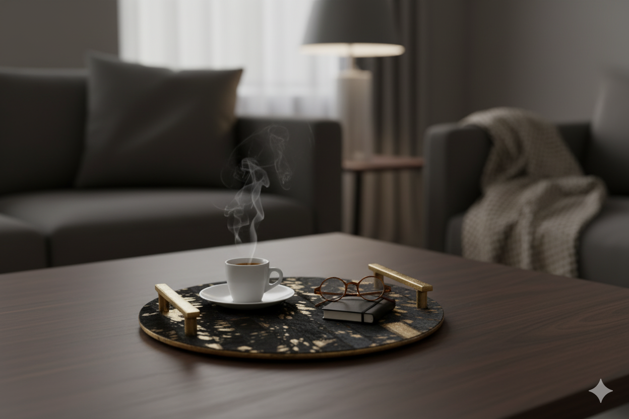 Wren Cowhide Tray Wren Cowhide Tray. Luxury Decorative Tray. Black Cowhide Tray. Gold Fleck Tray. Metal Frame Tray. Gold Finish Handles. Modern Accent Tray. Tactile Home Accessory. Stylish Coffee Table Tray. Chic Home Décor. Luxe Living Room Accessory. Contemporary Decorative Tray. Designer Tray. Statement Home Décor. Elegant Display Tray.