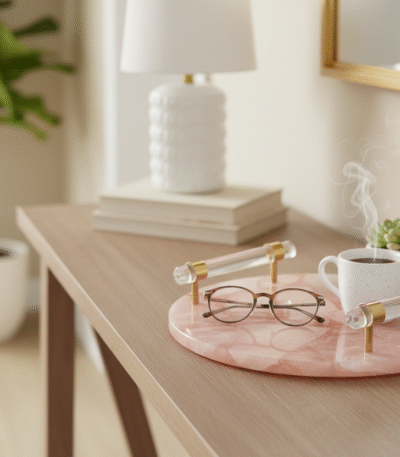 Wren Pink Quartz Tray. Natural Quartz Tray. Gold Finish Tray. Acrylic Handle Tray. Luxury Decorative Tray. Modern Accent Tray. Elegant Home Décor. Stylish Coffee Table Tray. Dressing Table Accessory. Contemporary Home Accessory. Pink Stone Tray. Sophisticated Home Accent. Designer Tray. Marble Effect Tray.