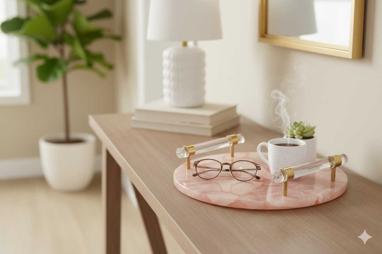 Wren Quartz Tray Wren Pink Quartz Tray. Natural Quartz Tray. Gold Finish Tray. Acrylic Handle Tray. Luxury Decorative Tray. Modern Accent Tray. Elegant Home Décor. Stylish Coffee Table Tray. Dressing Table Accessory. Contemporary Home Accessory. Pink Stone Tray. Sophisticated Home Accent. Designer Tray. Marble Effect Tray.