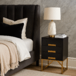 Zella Bedside Table. Mango wood bedside table. Gold iron legs. Boho bedroom furniture. Modern nightstand. Contemporary storage table. Handcrafted mango wood. Luxury bedroom accent. Small space storage. Elevated boho style.