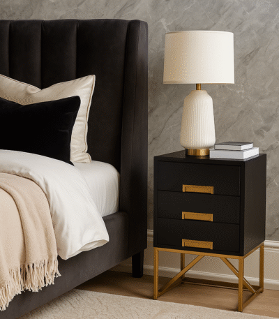 Zella Bedside Table. Mango wood bedside table. Gold iron legs. Boho bedroom furniture. Modern nightstand. Contemporary storage table. Handcrafted mango wood. Luxury bedroom accent. Small space storage. Elevated boho style.