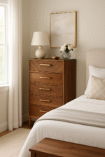 Zenith Chest of Drawers. Mango wood dresser. Bohemian furniture. Gold iron accents. Five drawer storage. Modern sideboard. Contemporary bedroom chest. Natural wood finish. Handcrafted furniture. Elegant boho design.