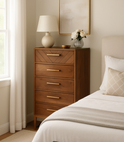 Zenith Chest of Drawers. Mango wood dresser. Bohemian furniture. Gold iron accents. Five drawer storage. Modern sideboard. Contemporary bedroom chest. Natural wood finish. Handcrafted furniture. Elegant boho design.