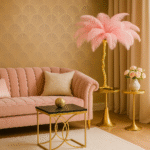 Zerina Ostrich Feather Table Lamp. Feather lamp. Gold base lighting. Ostrich-leg design. Genuine ostrich feathers. Glamorous table lamp. Luxe home décor. Art deco lighting. Eclectic accent lamp. Designer statement lighting.