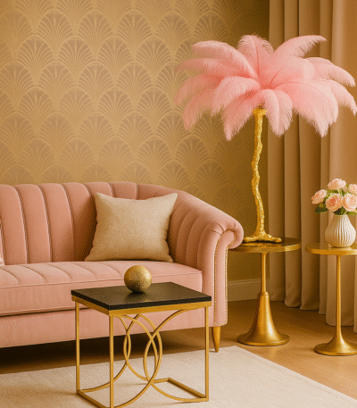 Zerina Ostrich Feather Table Lamp. Feather lamp. Gold base lighting. Ostrich-leg design. Genuine ostrich feathers. Glamorous table lamp. Luxe home décor. Art deco lighting. Eclectic accent lamp. Designer statement lighting.