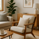 Zora Linen and Oak Armchair. Dark oak frame. Grey linen upholstery. Reclined armchair. Mid-century chair. Natural wood furniture. Modern rustic seating. Handcrafted oak chair. Comfortable accent chair. Timeless living room furniture.