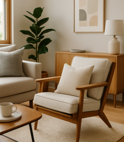 Zora Linen and Oak Armchair. Dark oak frame. Grey linen upholstery. Reclined armchair. Mid-century chair. Natural wood furniture. Modern rustic seating. Handcrafted oak chair. Comfortable accent chair. Timeless living room furniture.