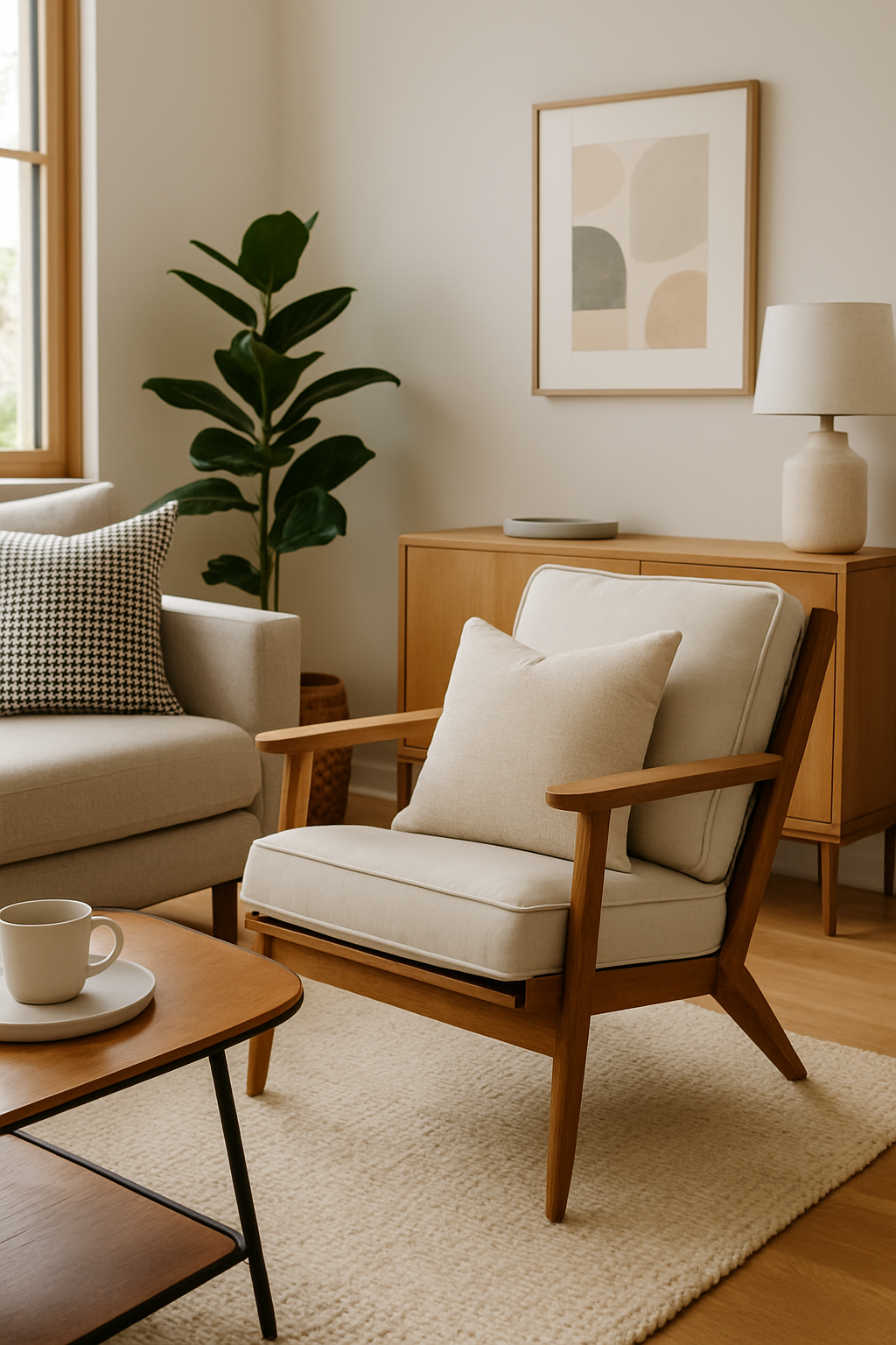 Zora Linen And Oak Armchair Zora Linen and Oak Armchair. Dark oak frame. Grey linen upholstery. Reclined armchair. Mid-century chair. Natural wood furniture. Modern rustic seating. Handcrafted oak chair. Comfortable accent chair. Timeless living room furniture.