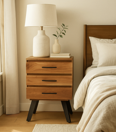 Zuri Acacia Bedside Table. Acacia wood furniture. Black metal legs. Industrial bedside table. Three drawer nightstand. Modern bedroom storage. Contemporary side table. Durable wooden furniture. Minimalist bedside unit. Natural wood design.