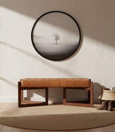 Cadenza Button Tufted Bench. Brown leather bench. Genuine leather upholstery. Solid cedar wood base. Button tufted seat. Angular base bench. Cross base bench. Triangular base bench. Mid-century furniture. Handcrafted seating.