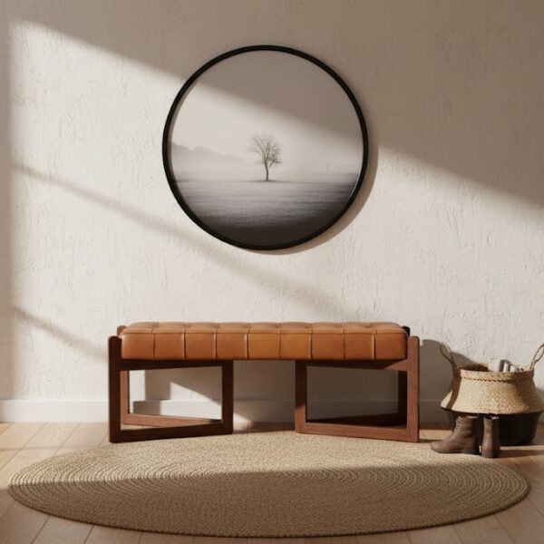 Cadenza Button Tufted Bench. Brown leather bench. Genuine leather upholstery. Solid cedar wood base. Button tufted seat. Angular base bench. Cross base bench. Triangular base bench. Mid-century furniture. Handcrafted seating.