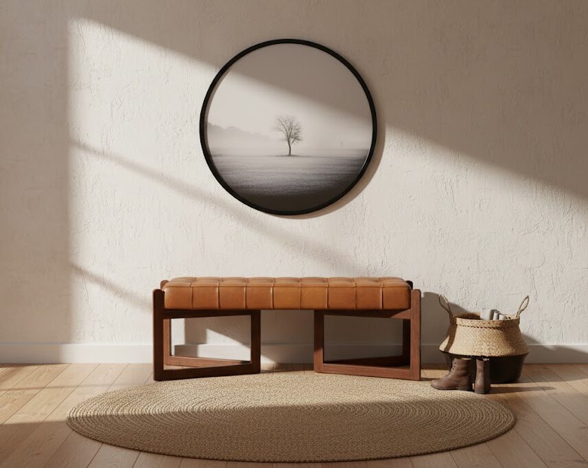 Cadenza Button Tufted Bench With Triangular Base Cadenza Button Tufted Bench. Brown leather bench. Genuine leather upholstery. Solid cedar wood base. Button tufted seat. Angular base bench. Cross base bench. Triangular base bench. Mid-century furniture. Handcrafted seating.