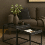 Savella Set of 2 Nesting Tables. Agate-effect tops. Multicoloured nesting tables. Black metal base. Modern accent tables. Contemporary living room furniture. Space-saving tables. Artistic side tables. Luxe modern décor. Durable design.