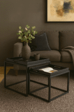 Savella Set of 2 Nesting Tables. Agate-effect tops. Multicoloured nesting tables. Black metal base. Modern accent tables. Contemporary living room furniture. Space-saving tables. Artistic side tables. Luxe modern décor. Durable design.