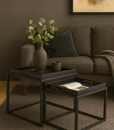 Savella Set of 2 Nesting Tables. Agate-effect tops. Multicoloured nesting tables. Black metal base. Modern accent tables. Contemporary living room furniture. Space-saving tables. Artistic side tables. Luxe modern décor. Durable design.