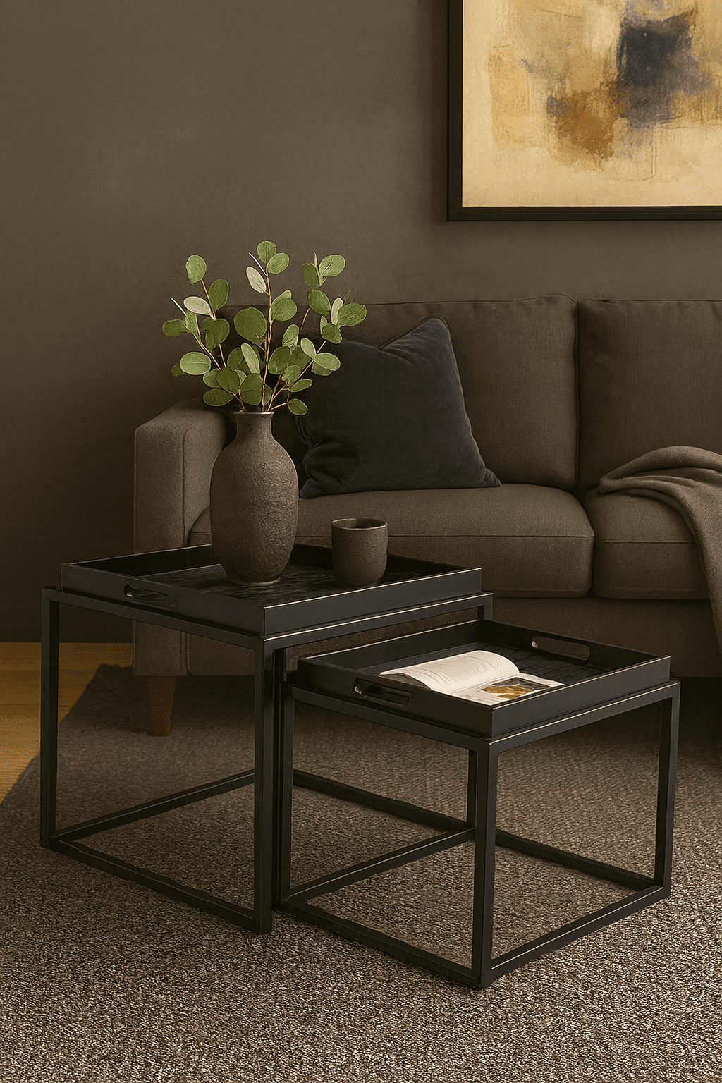 Savella Set Of 2 Nesting Tables Savella Set of 2 Nesting Tables. Agate-effect tops. Multicoloured nesting tables. Black metal base. Modern accent tables. Contemporary living room furniture. Space-saving tables. Artistic side tables. Luxe modern décor. Durable design.