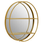 Lumi Shelved Wall Mirror. Round gold mirror. Wall mirror with shelves. Modern wall décor. Minimalist gold mirror. Contemporary wall mirror. Iron frame mirror. Functional wall accent. Elegant home accessory.