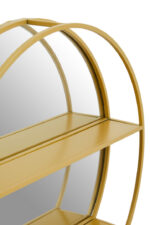 Lumi Shelved Wall Mirror. Round gold mirror. Wall mirror with shelves. Modern wall décor. Minimalist gold mirror. Contemporary wall mirror. Iron frame mirror. Functional wall accent. Elegant home accessory.