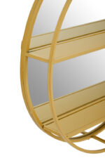 Lumi Shelved Wall Mirror. Round gold mirror. Wall mirror with shelves. Modern wall décor. Minimalist gold mirror. Contemporary wall mirror. Iron frame mirror. Functional wall accent. Elegant home accessory.